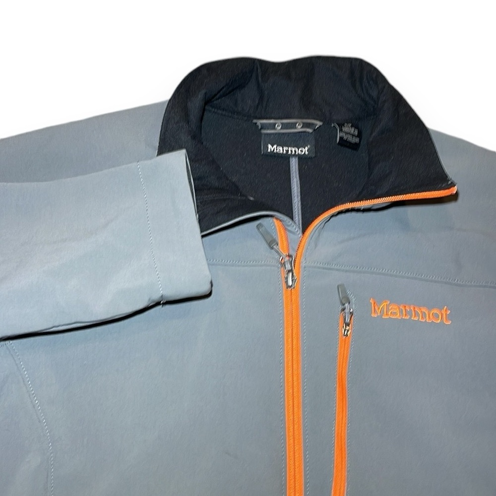 Marmot Softshell Jacket Mens Small Grey Orange Full Zip Excellent Outdoor Hiking